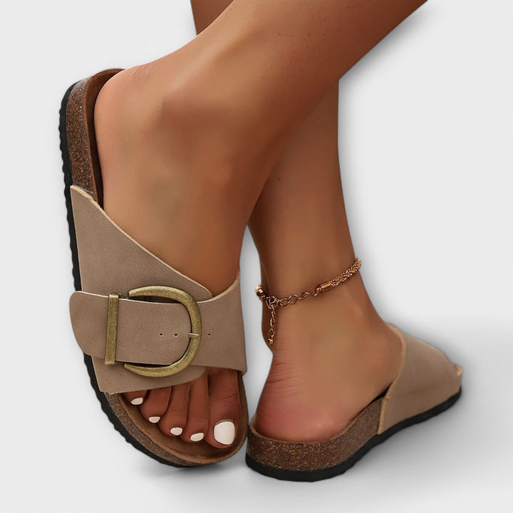 Margie – Women's Cork Slip-On Sandals with Buckle Strap Design