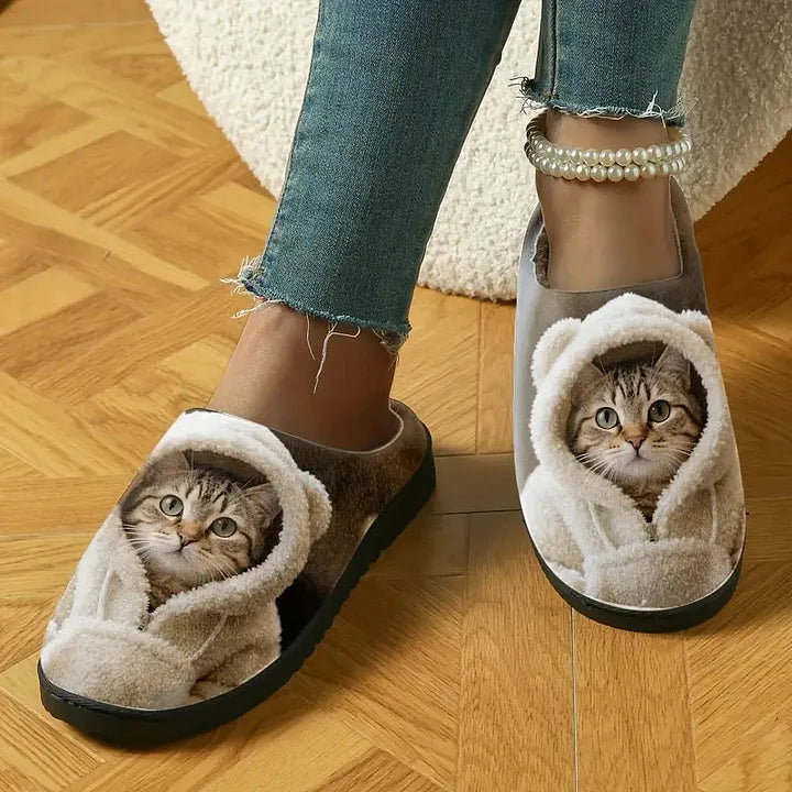 Olivia - comfortable slip on slippers with 3D cat face design