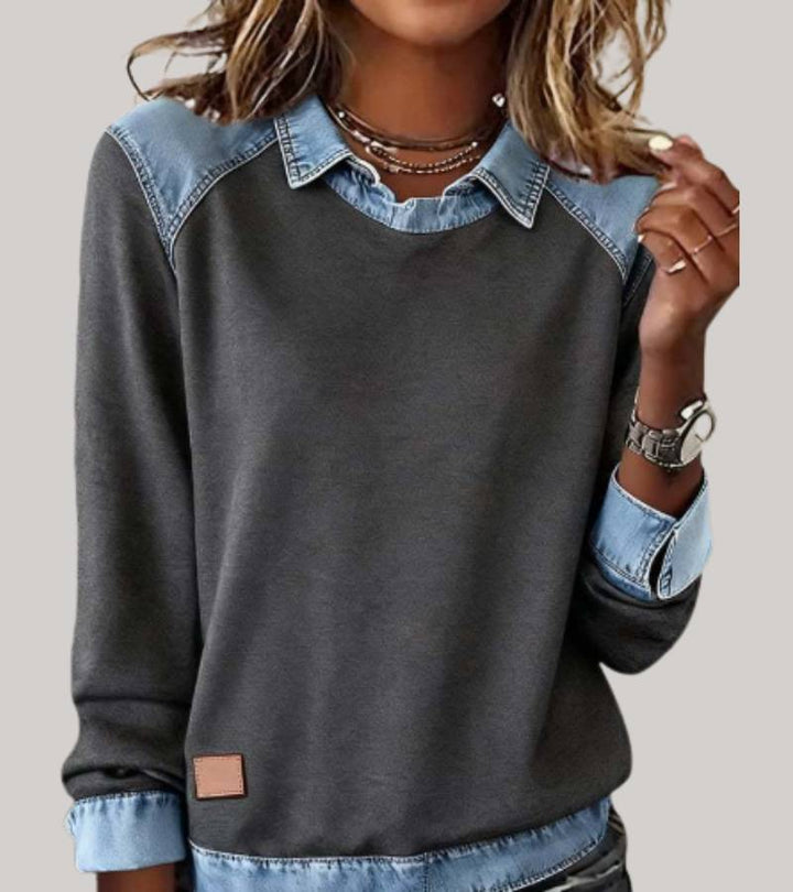Charlotte | Patchwork Knit Top with Denim Details