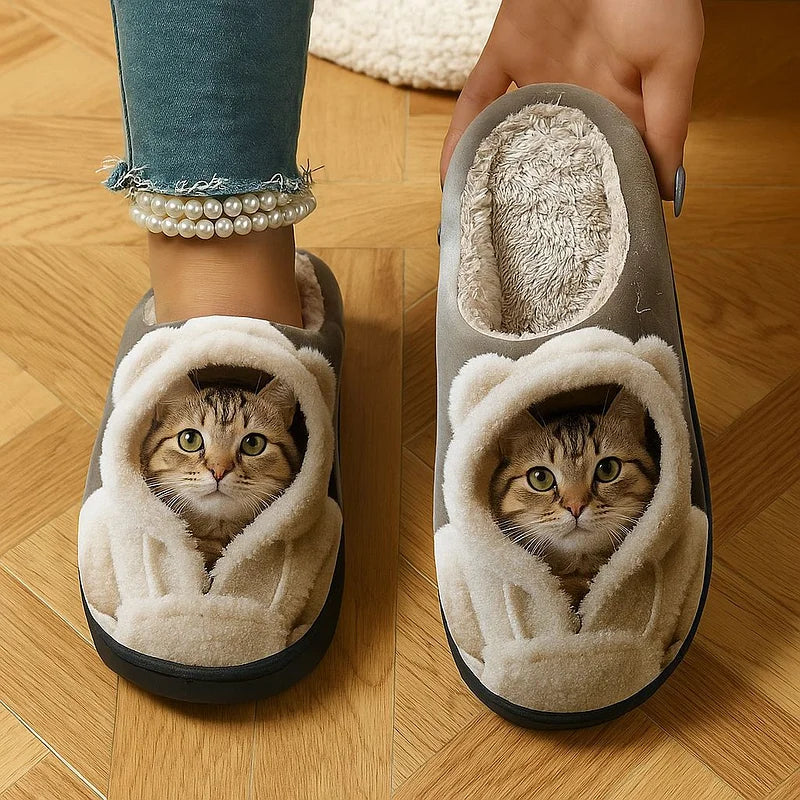 Olivia - comfortable slip on slippers with 3D cat face design