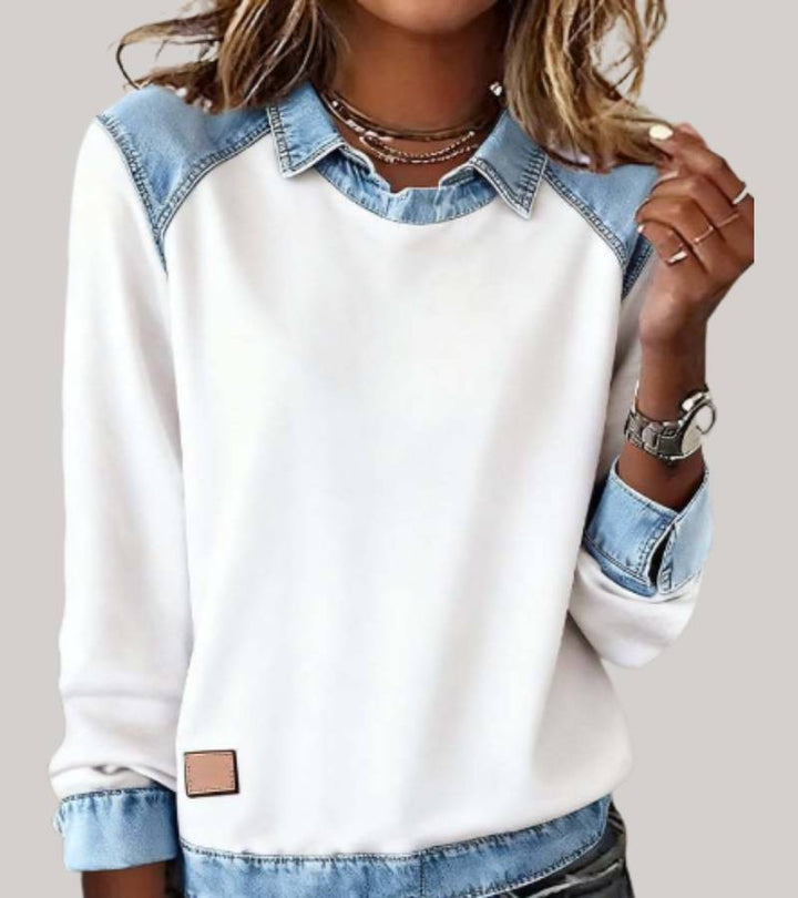 Charlotte | Patchwork Knit Top with Denim Details