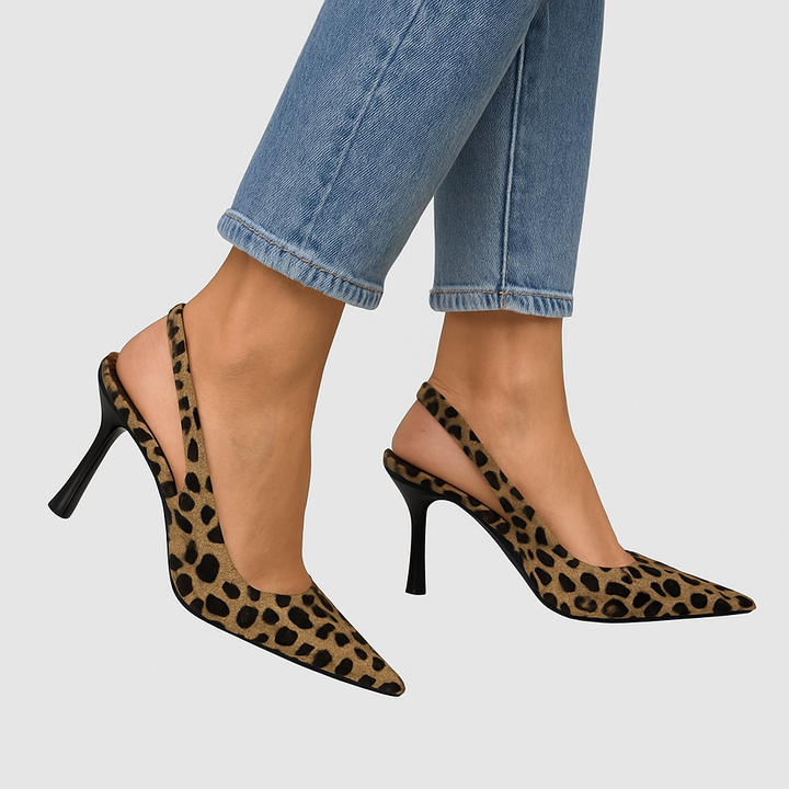 Olivia - Pointed Toe Leopard Print Slingback Khaki Stiletto Heels