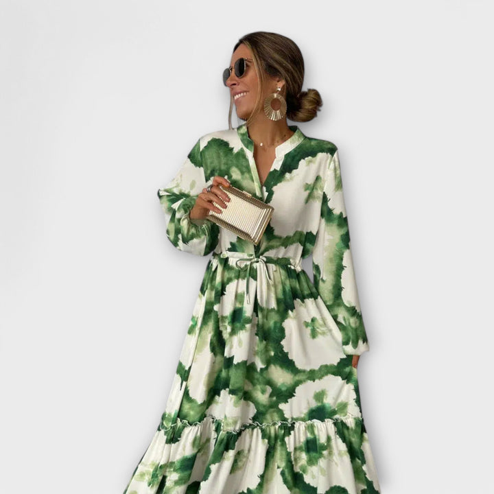 Melina – Green Maxi Dress with Long Sleeves and V-Neckline