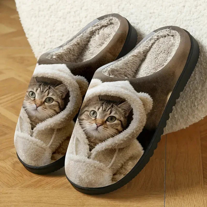 Olivia - comfortable slip on slippers with 3D cat face design