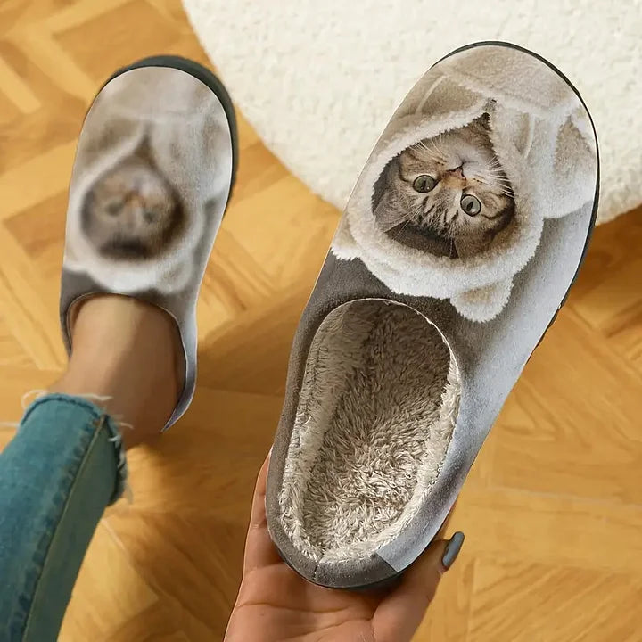 Olivia - comfortable slip on slippers with 3D cat face design