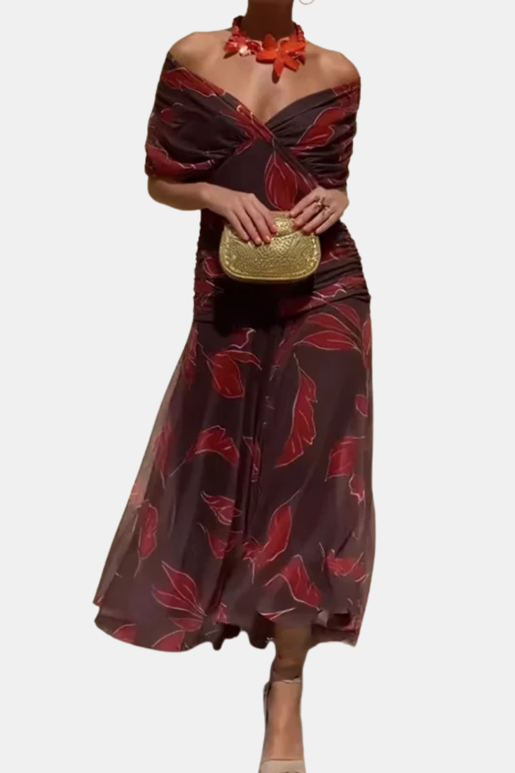 Poppy - Long leaf print dress with V-neck